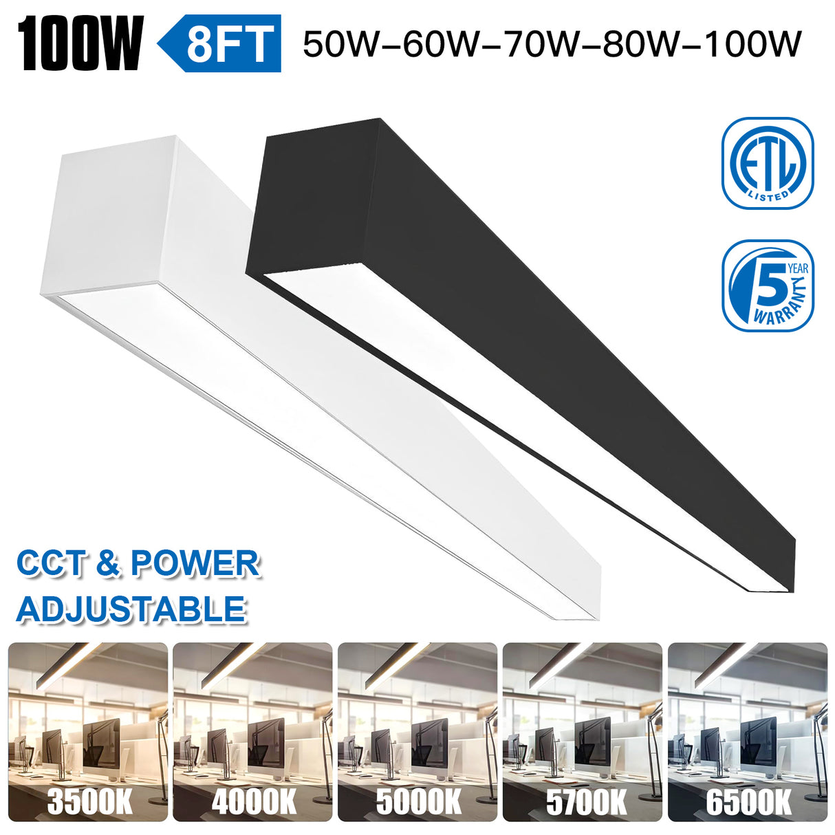 LED Architectual Light - LST Series,100W,13000lumens,Selectable Wattage & CCT,100-277V,8FT,2 Pack