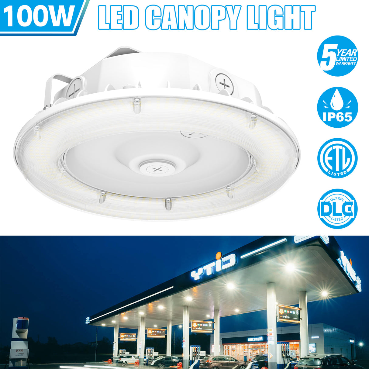LED Round Canopy Light - CP Series,100W,Selectable Wattage & CCT,100-277V,Dusk to Dawn