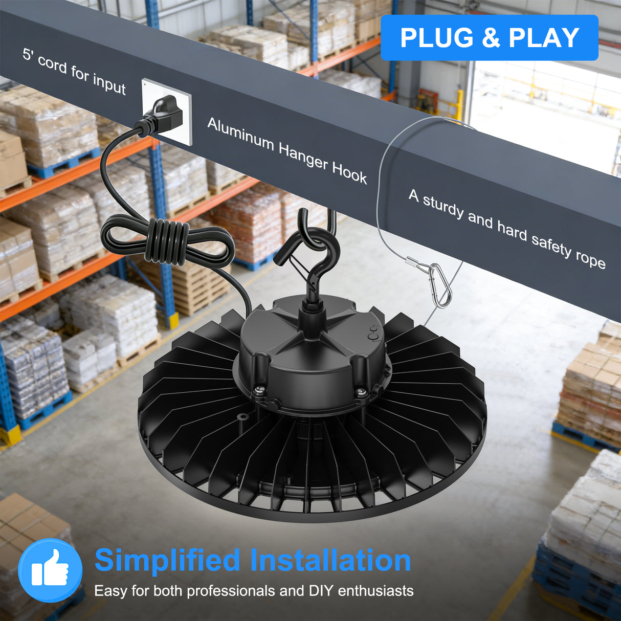 NGTLIGHT LED High Bay Light - UFO05 Series, 150W, 5000K, 100-277V, 120° Beam Angle, 0-10V DIMMABLE, US Plug