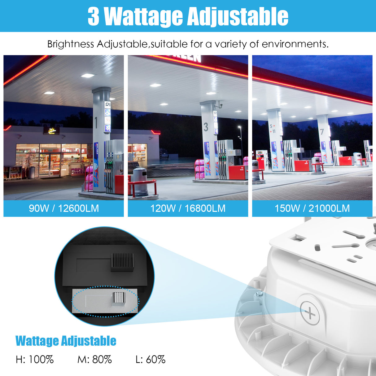 LED Round Canopy Light - CP Series,100W,Selectable Wattage & CCT,100-277V,Dusk to Dawn