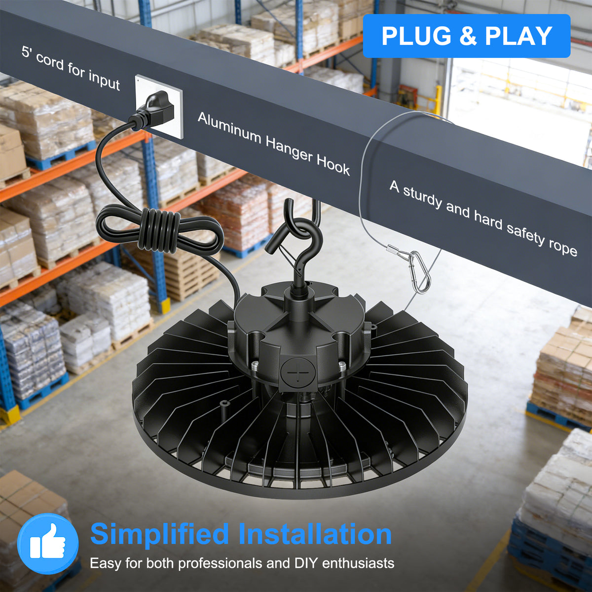 NGTLIGHT LED High Bay Light - UFO05 Series, 240W, Selectable Wattage&CCT, 100-277V, 90° Beam Angle, US PLUG