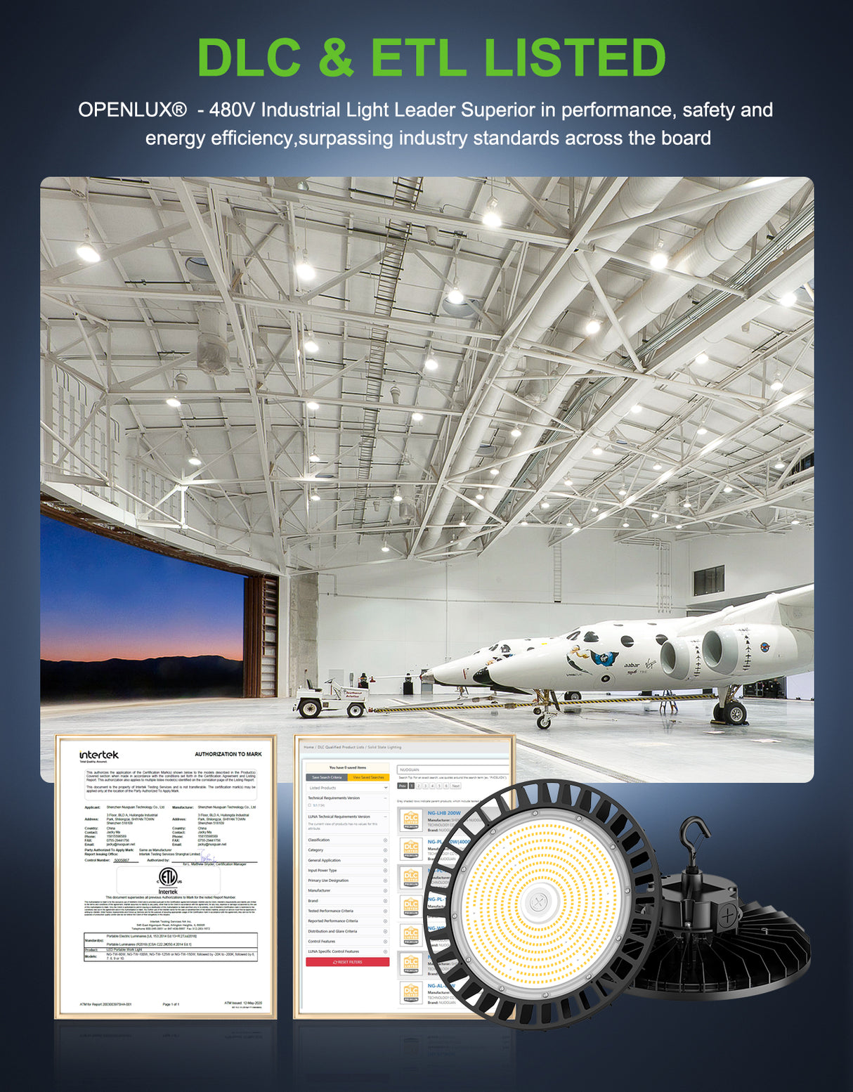 NGTLIGHT LED High Bay Light - UFO05 Series, 150W, Selectable Wattage, 5000K, 277-480V, 120° Beam Angle