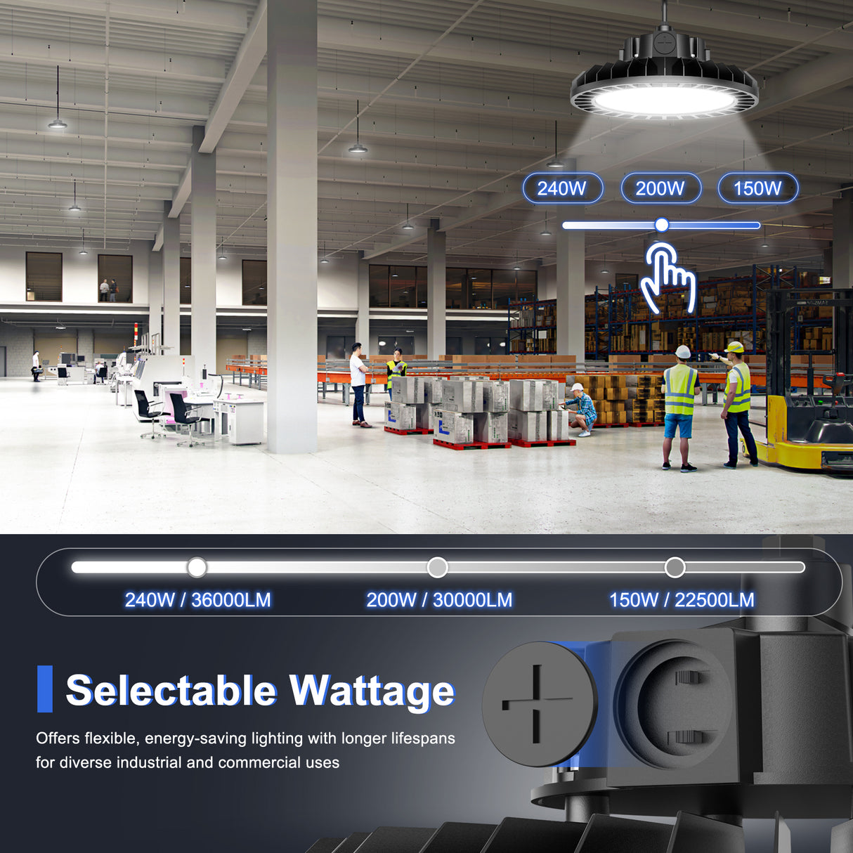 LED High Bay Light - UFO05 Series,240W,36000lumens,Selectable Wattage&CCT,100-277V,With MICROWAVE EXPANSION PORT 90°