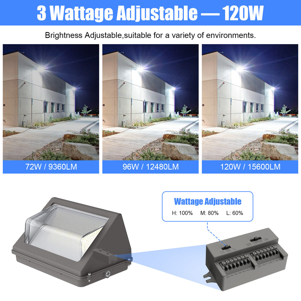 NGTLIGHT LED Wall Pack Light - WP Series, 120W, Selectable Wattage&CCT, 100-277V, Dusk to Dawn
