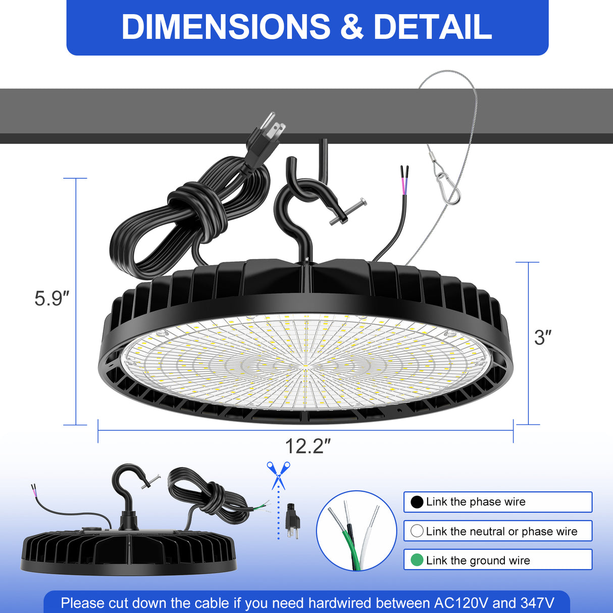 NGTLIGHT LED High Bay Light - BI Series,240W,36000lumens,Selectable Wattage&CCT,100-277V WITH US PLUG