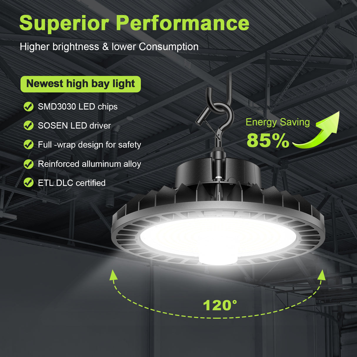 LED High Bay Light - UFO05 Series,150W,22500lumens,Selectable Wattage,5000K,100-277V,With MICROWAVE EXPANSION PORT 120°