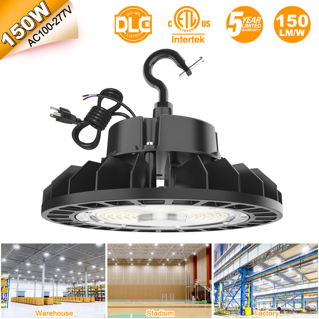 LED High Bay Light - UFO05 Series,150W,22500lumens,5000K,100-277V,US Plug
