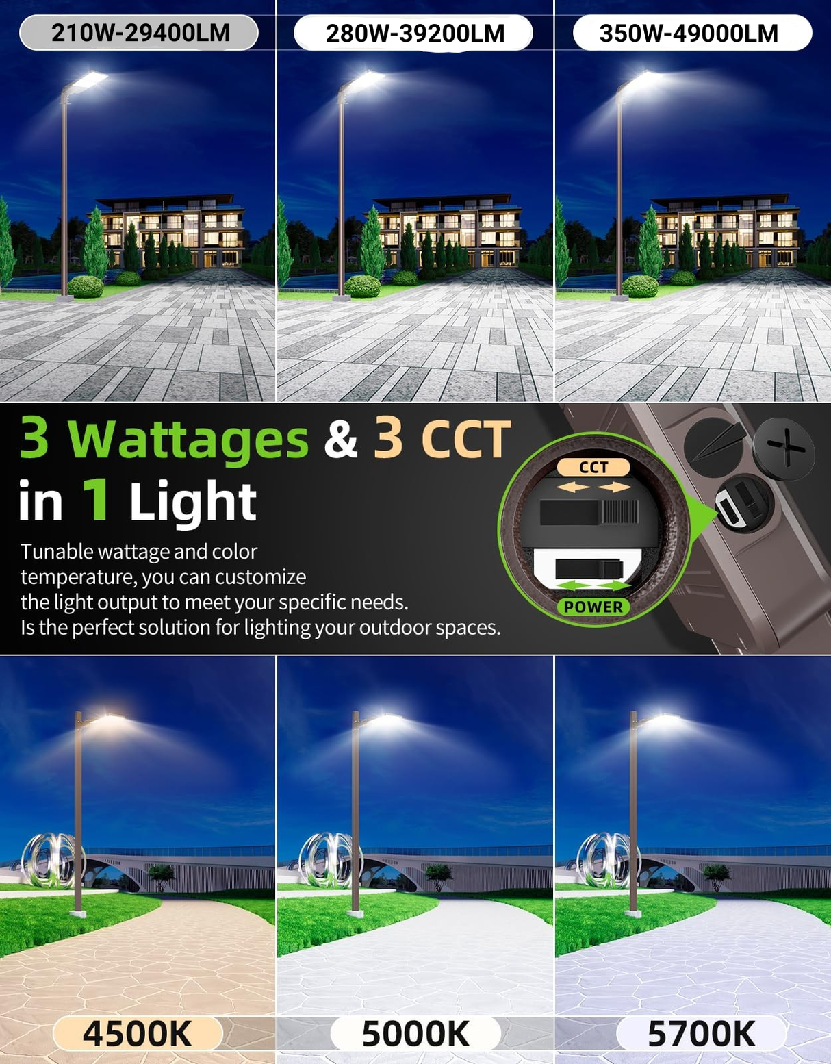 NGTLIGHT LED Parking Lot Light - PL Series,350W,49000lumens,Selectable Wattage & CCT,100-277V, Built in Photocell
