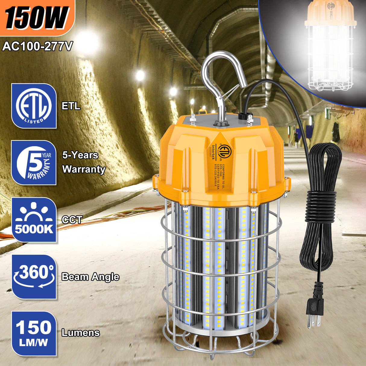 LED Round Work Light - TWL Series,150W,21000lumens,5000K,100-277V, US PLUG