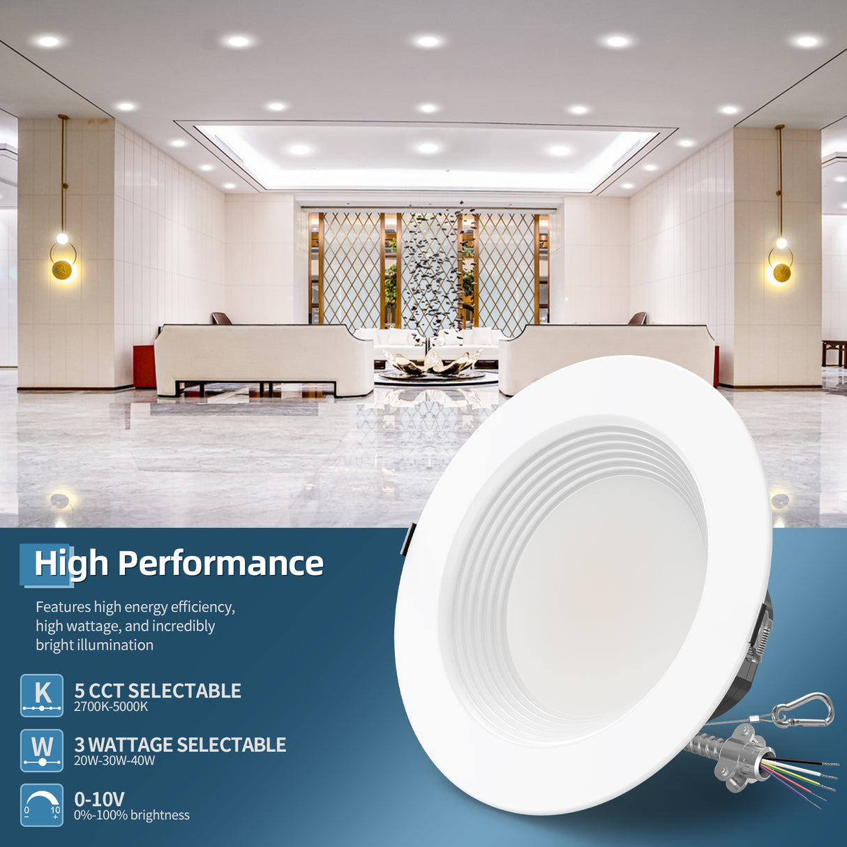 6"LED Commercial Down Light - DNL Series,27W,2970lumens,Selectable Wattage & CCT,120-347V,6 Pack