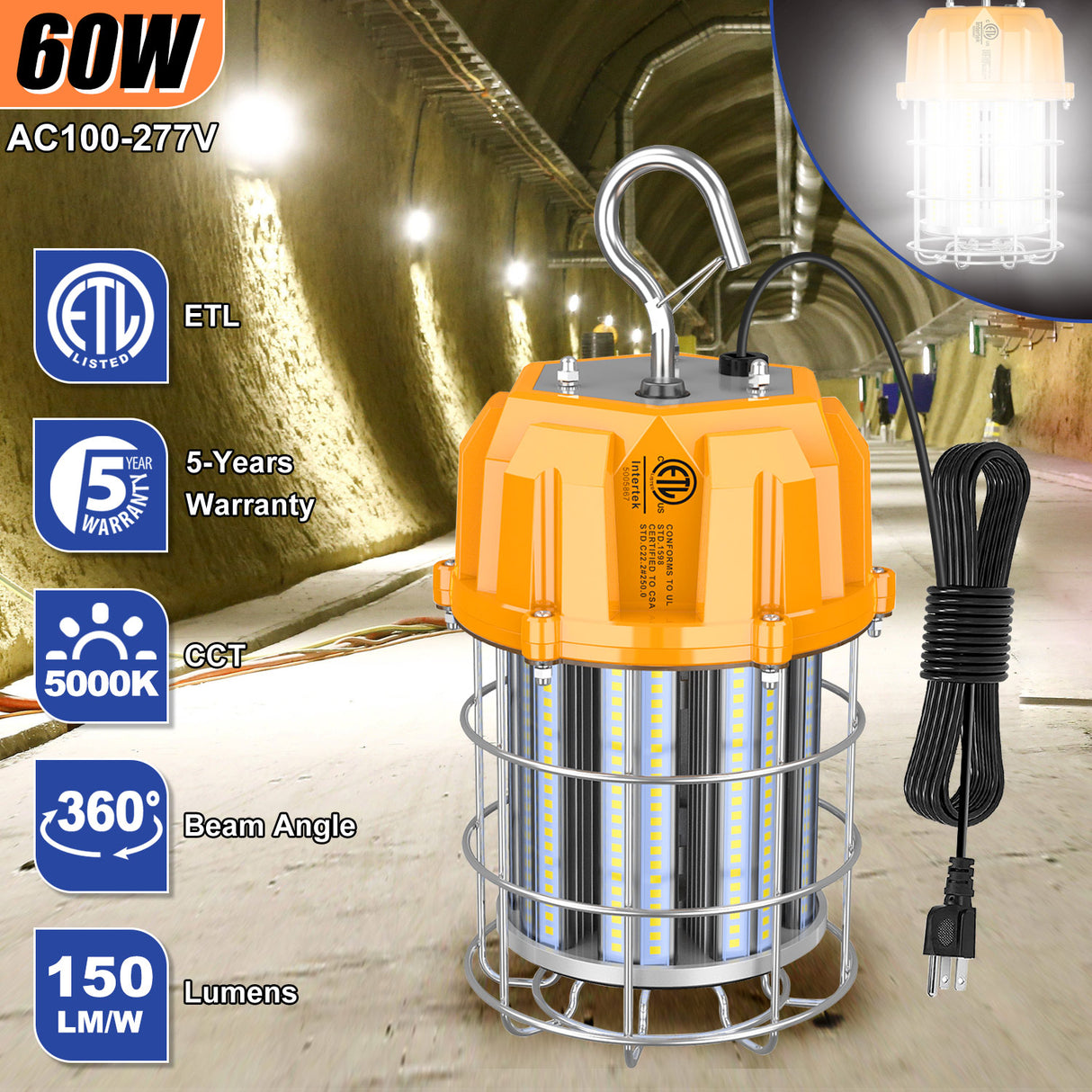 LED Round Work Light - TWL Series,60W,9000lumens,5000K,100-277V, US PLUG
