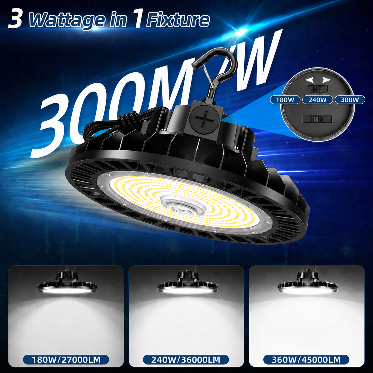 NGTLIGHT LED High Bay Light - UFO05 Series, 300W, Selectable Wattage, 5000K, 100-277V, 0-10V DIMMABLE