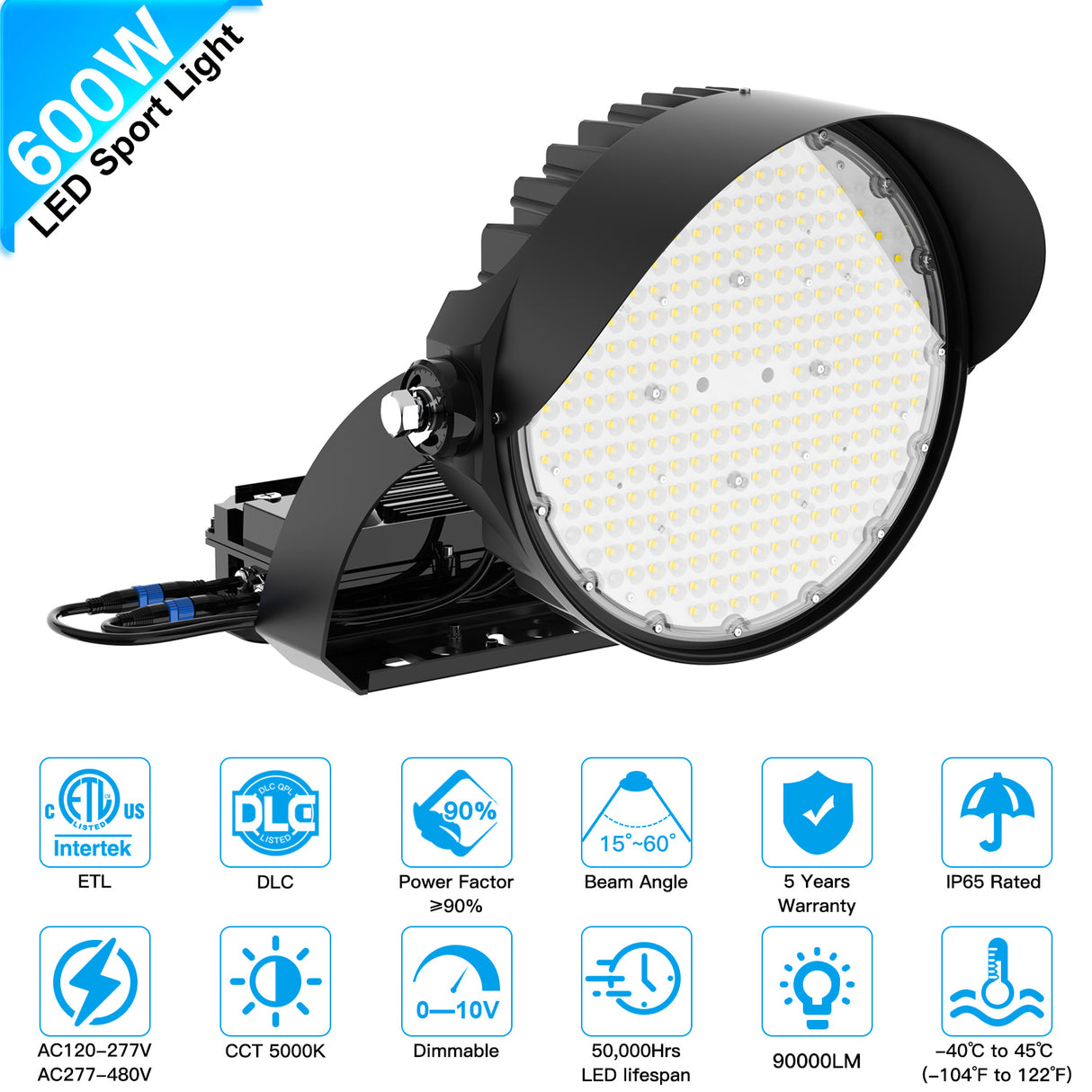 LED Sport Stadium Light - SSL Series,600W,Selectable Wattage,5000K,100-277V,60° Beam Angle
