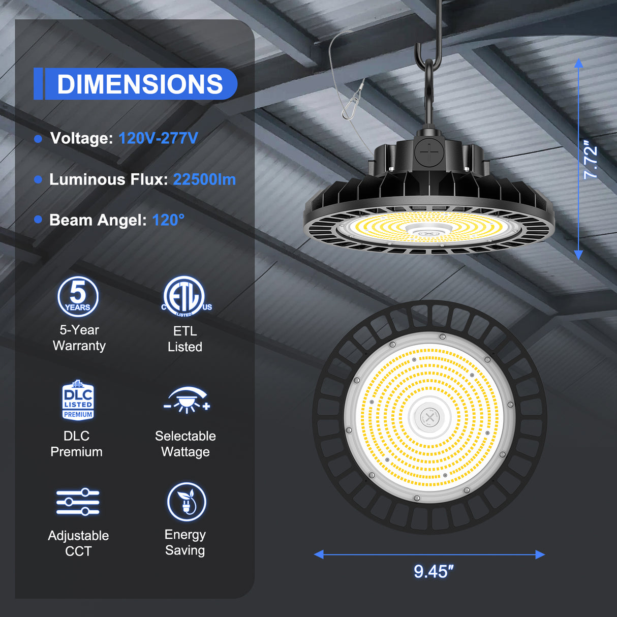 LED High Bay Light - UFO05 Series,150W,22500lumens,Selectable Wattage&CCT,100-277V,With MICROWAVE EXPANSION PORT 120°,US PLUG