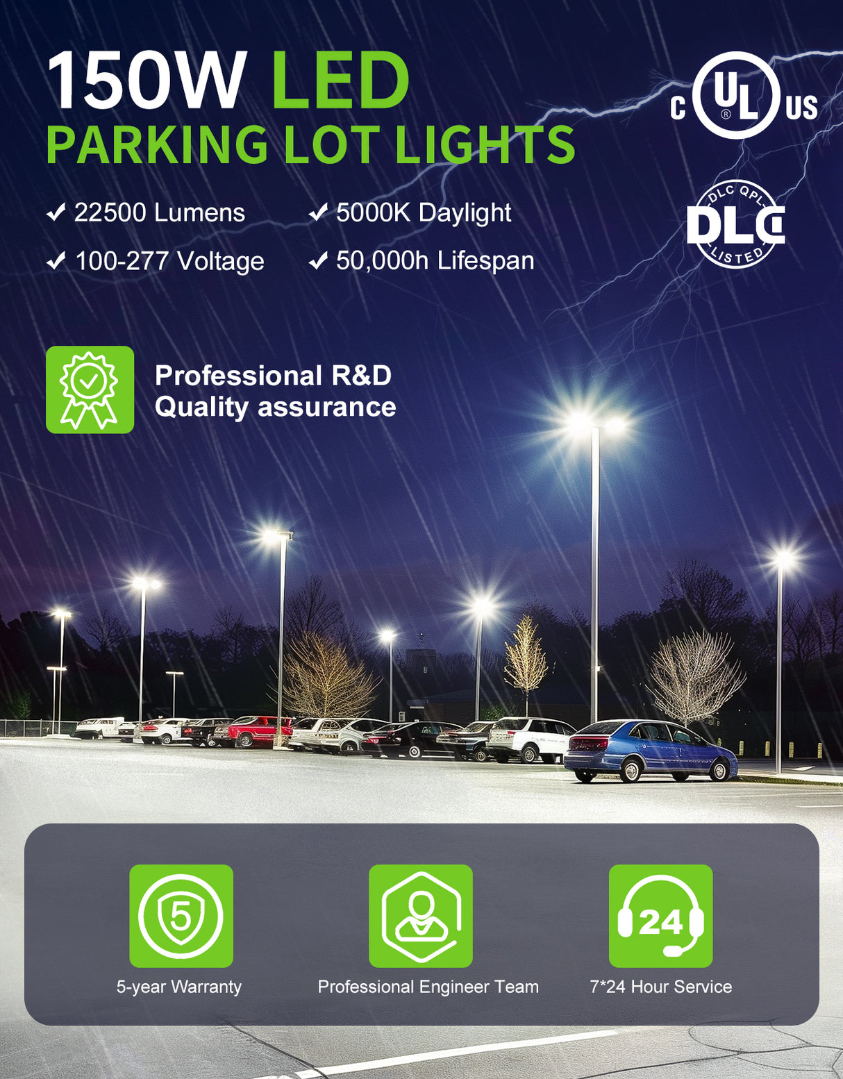 LED Parking Lot Light - PL Series With Slip Fit Mount ,150W,22500lumens,Selectable Wattage,5000K,100-277V, Built in Photocell