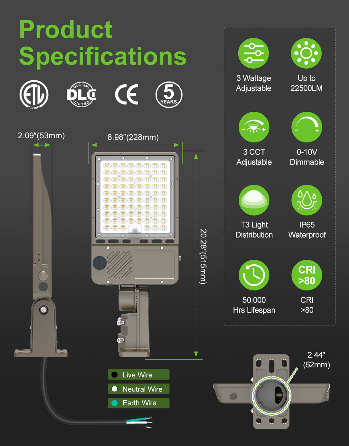 NGTLIGHT LED Parking Lot Light - NPL Series,150W,22500lumens,Selectable Wattage & CCT,100-277V, Built in Photocell,Universal Mount