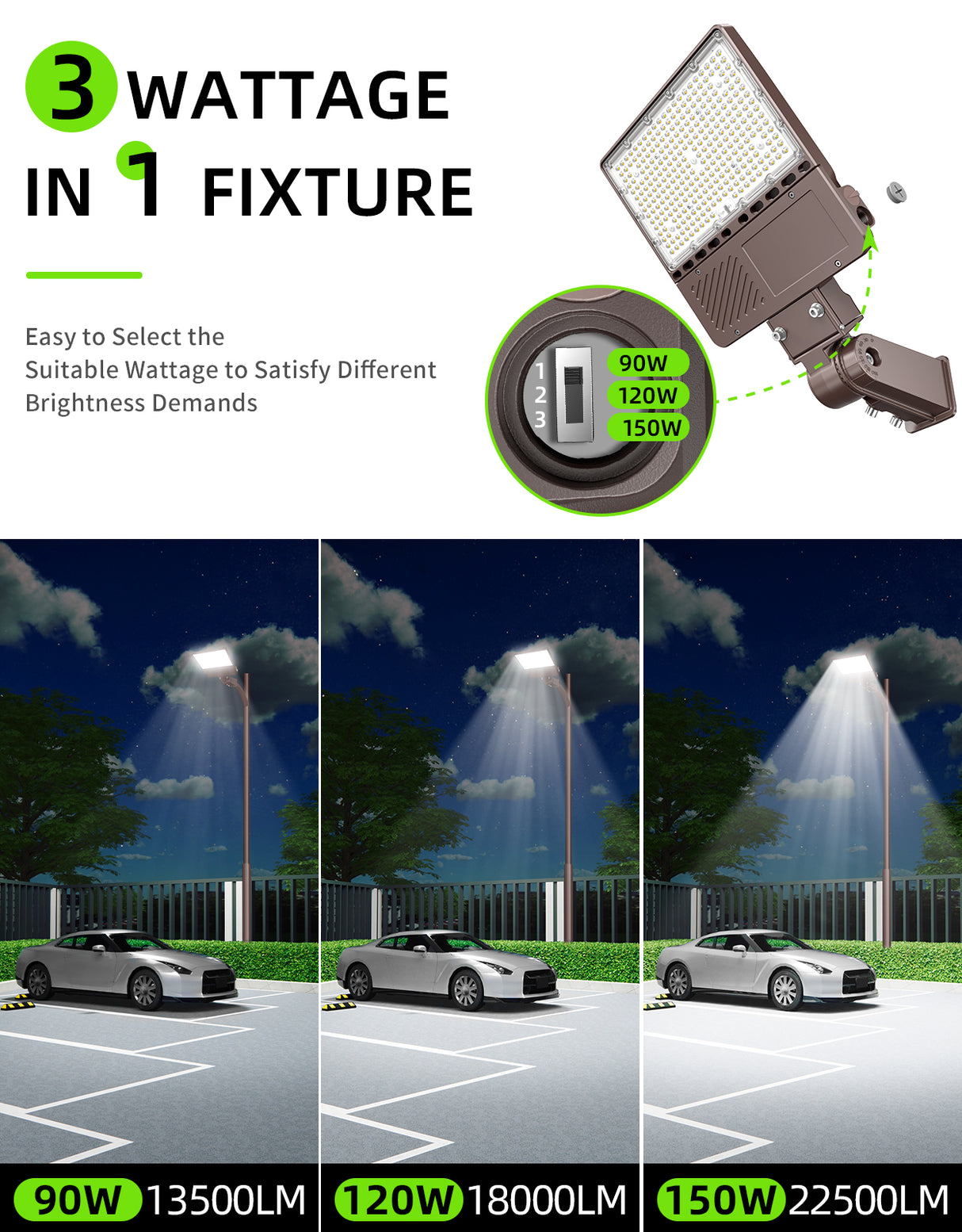 LED Parking Lot Light - PL Series With Slip Fit Mount ,150W,22500lumens,Selectable Wattage,5000K,100-277V, Built in Photocell