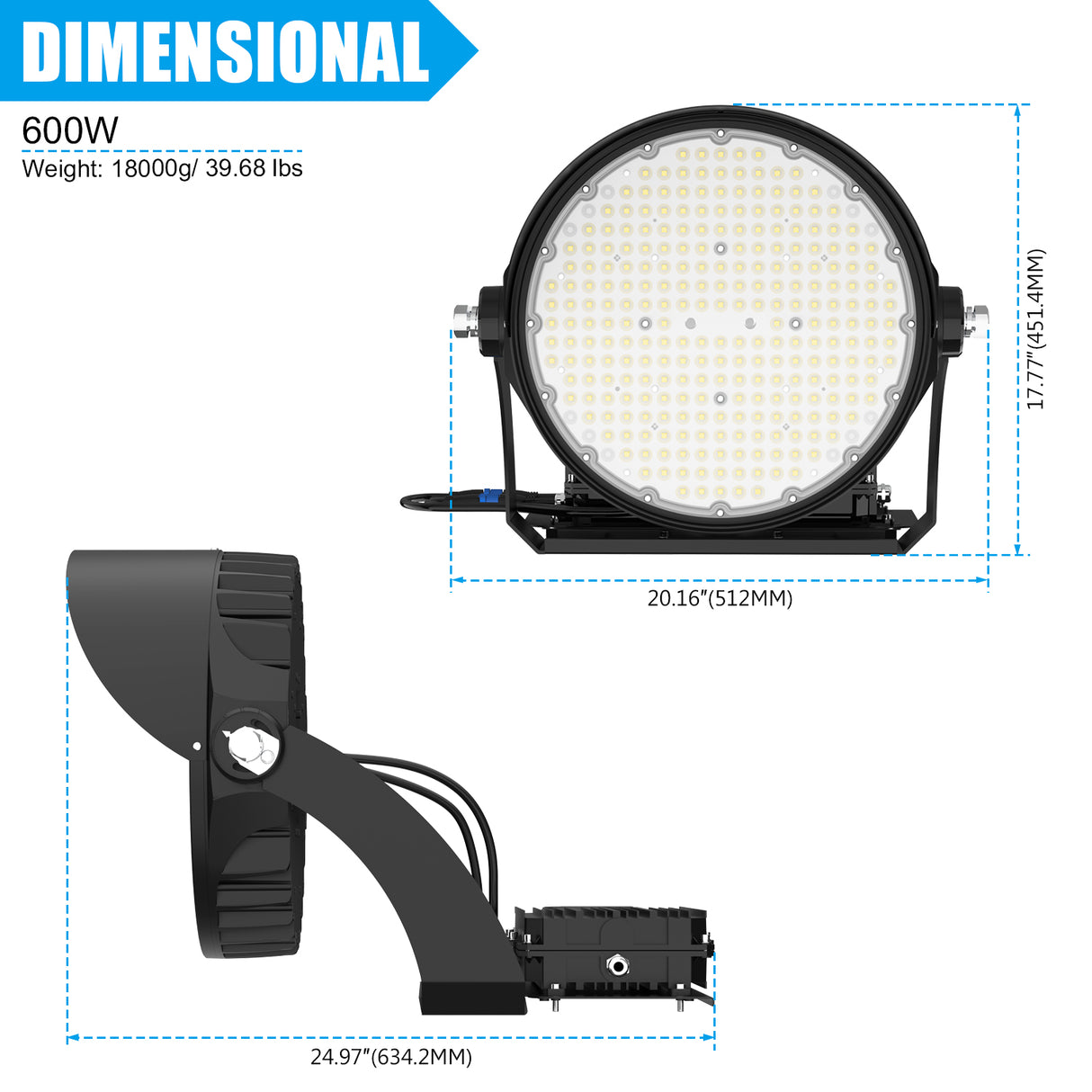 LED Sport Stadium Light - SSL Series,600W,Selectable Wattage,5000K,100-277V,60° Beam Angle