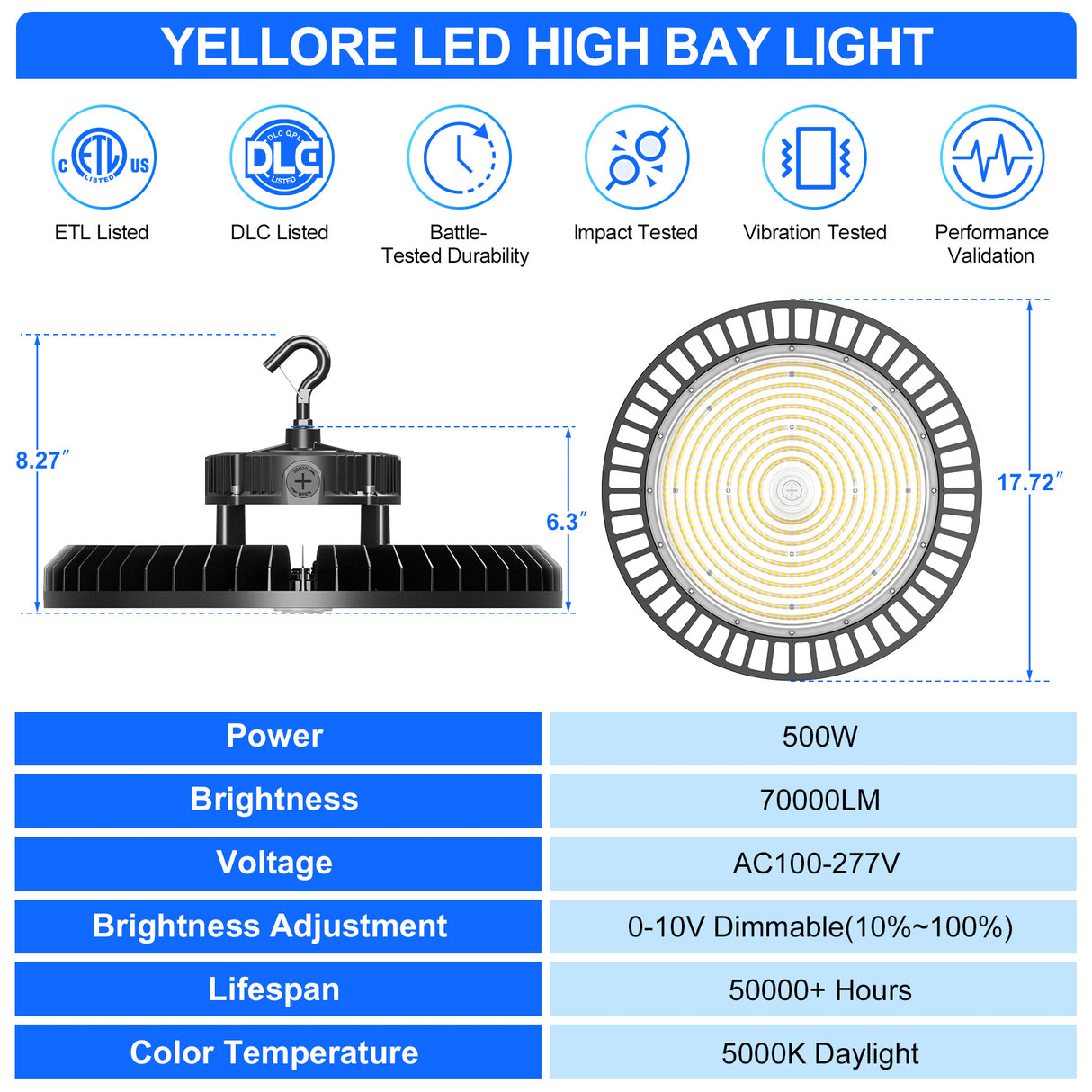 NGTLIGHT LED High Bay Light - UFO05 Series, 500W, Selectable Wattage, 5000K, 100-277V, 90° Beam Angle