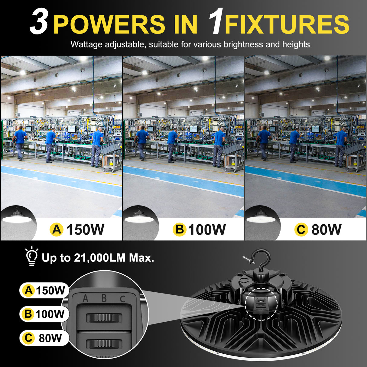 LED High Bay Light - PRO Series,150W,22500lumens,Selectable Wattage & CCT,100-277V,0-10V DIMMABLE