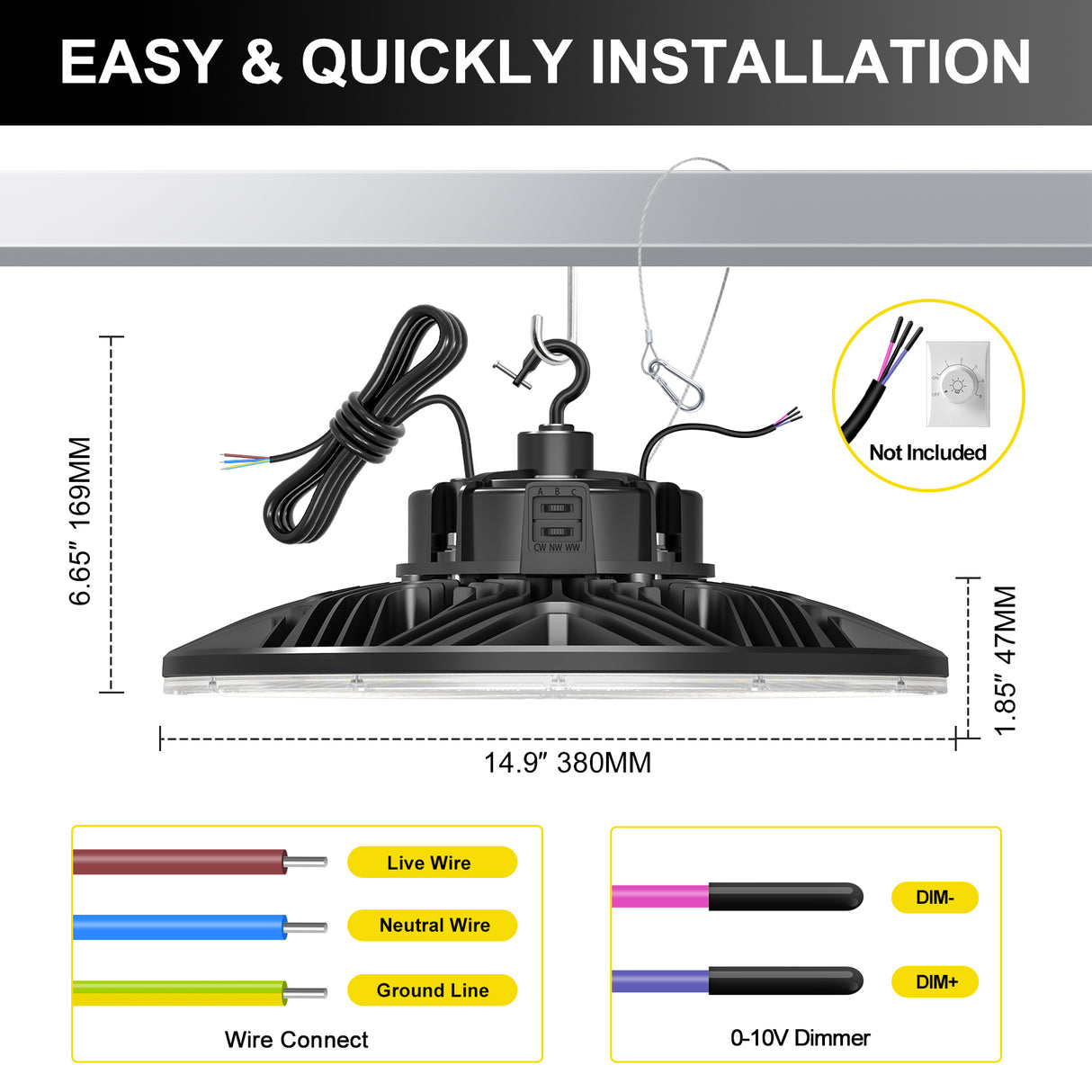 LED High Bay Light - PRO Series, 240W,33600lumens, Selectable Wattage&CCT,100-277V,0-10V DIMMABLE