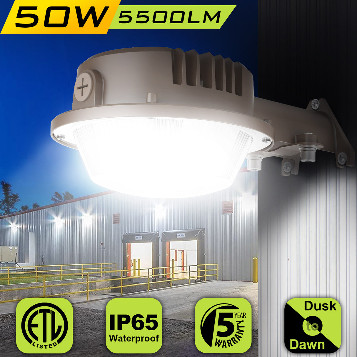 LED BARN LIGHT - SP Series,50W,5500lumens,5000K,100-277V,Dusk to Dawn