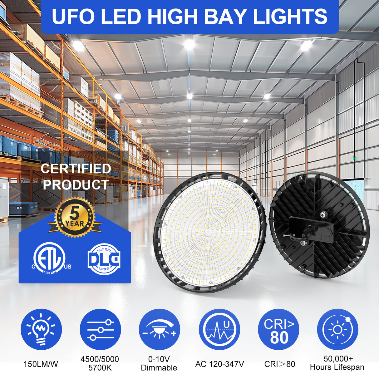 NGTLIGHT LED High Bay Light - BI Series,150W,22500lumens,Selectable Wattage&CCT,100-277V WITH US PLUG