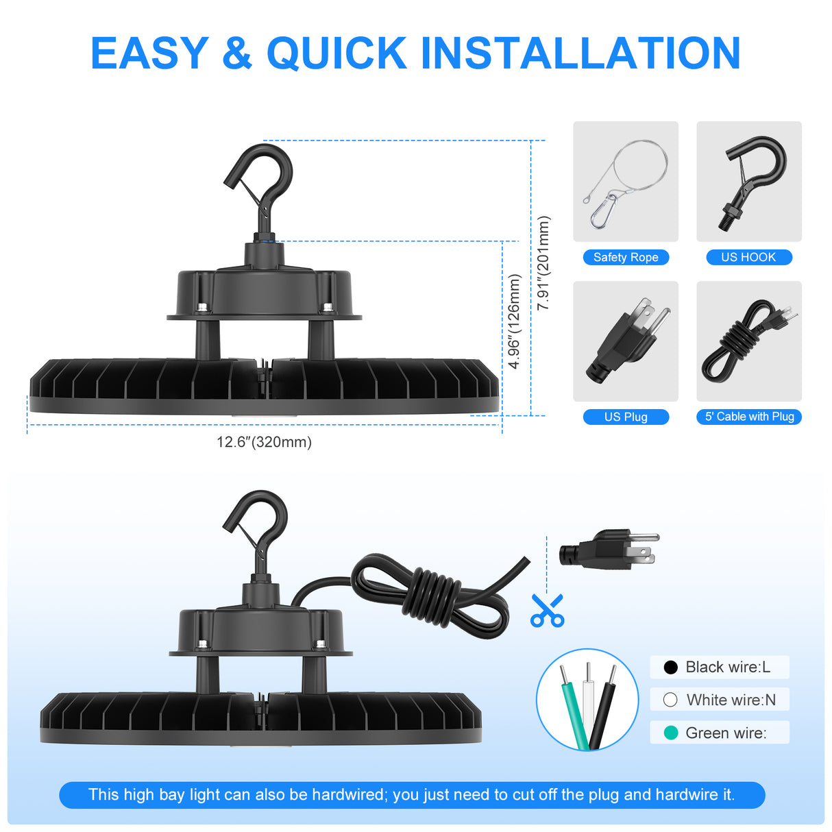 NGTLIGHT LED High Bay Light - UFO05 Series, 240W, 5000K, 100-277V, 120° Beam Angle, 0-10V DIMMABLE, US Plug