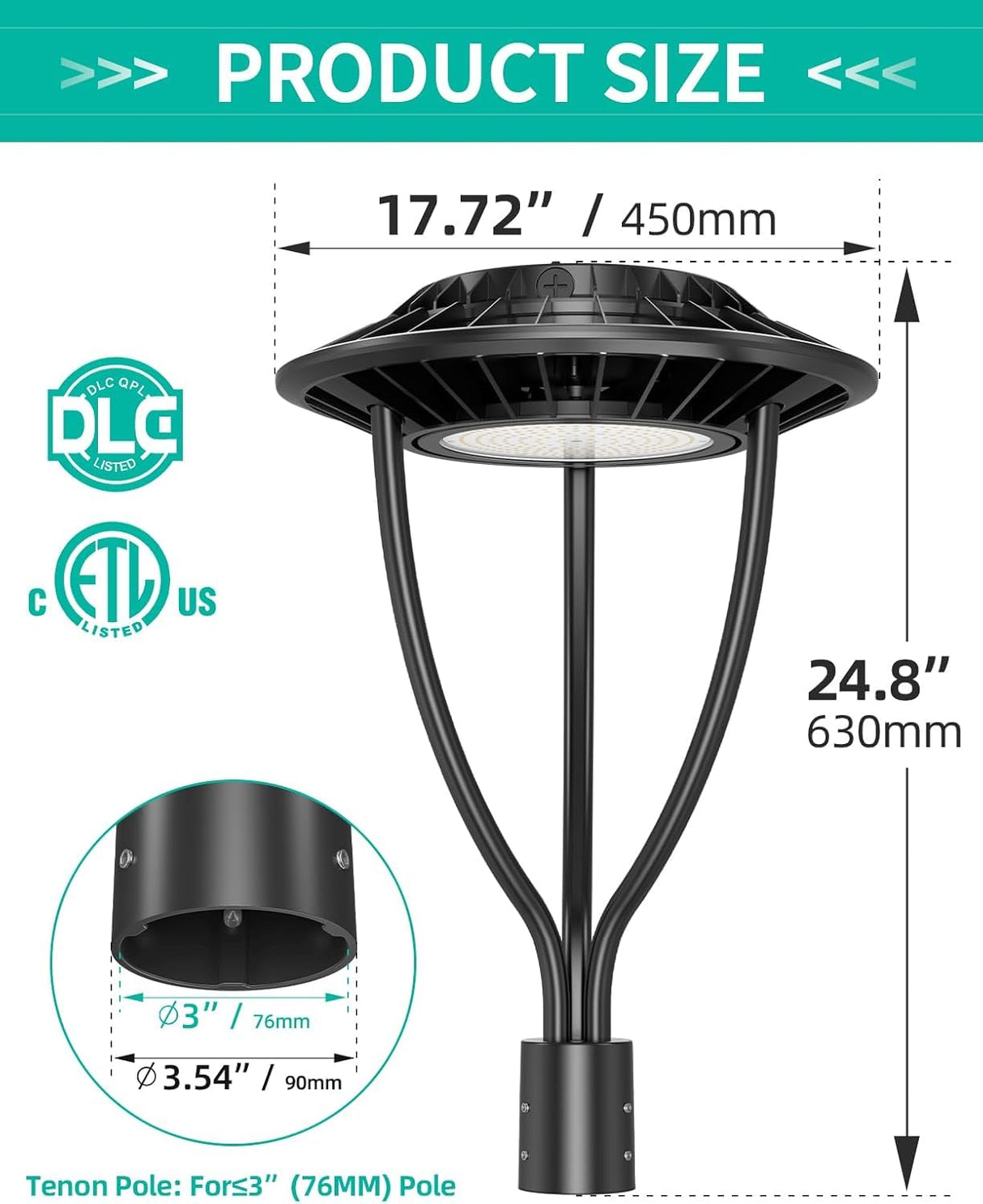 NGTLIGHT LED Post Top Light- PTA Series,100W,14000lumens,Selectable Wattage,5000K,100-277V,With Built-In Photocell