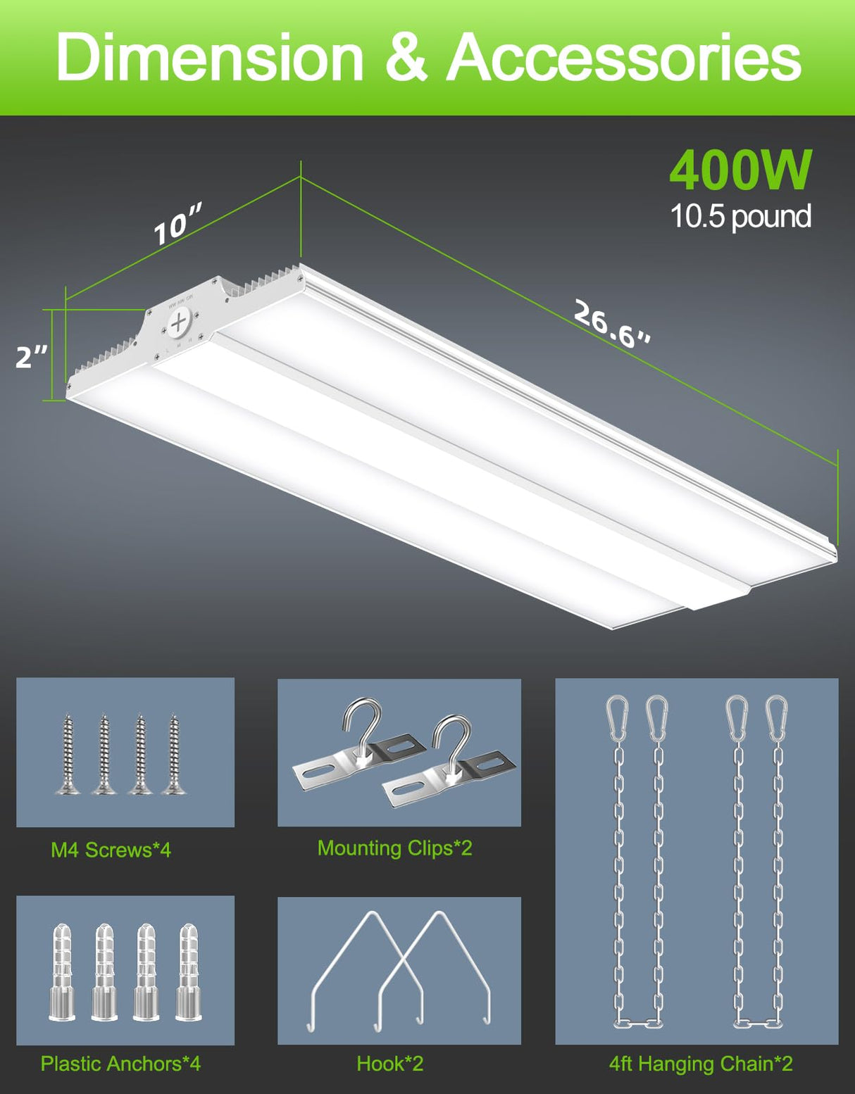 NGTLIGHT LED Linear High Bay Light - LHB Series,400W,60000lumens,5000K,277-480V,0-10V DIMMABLE