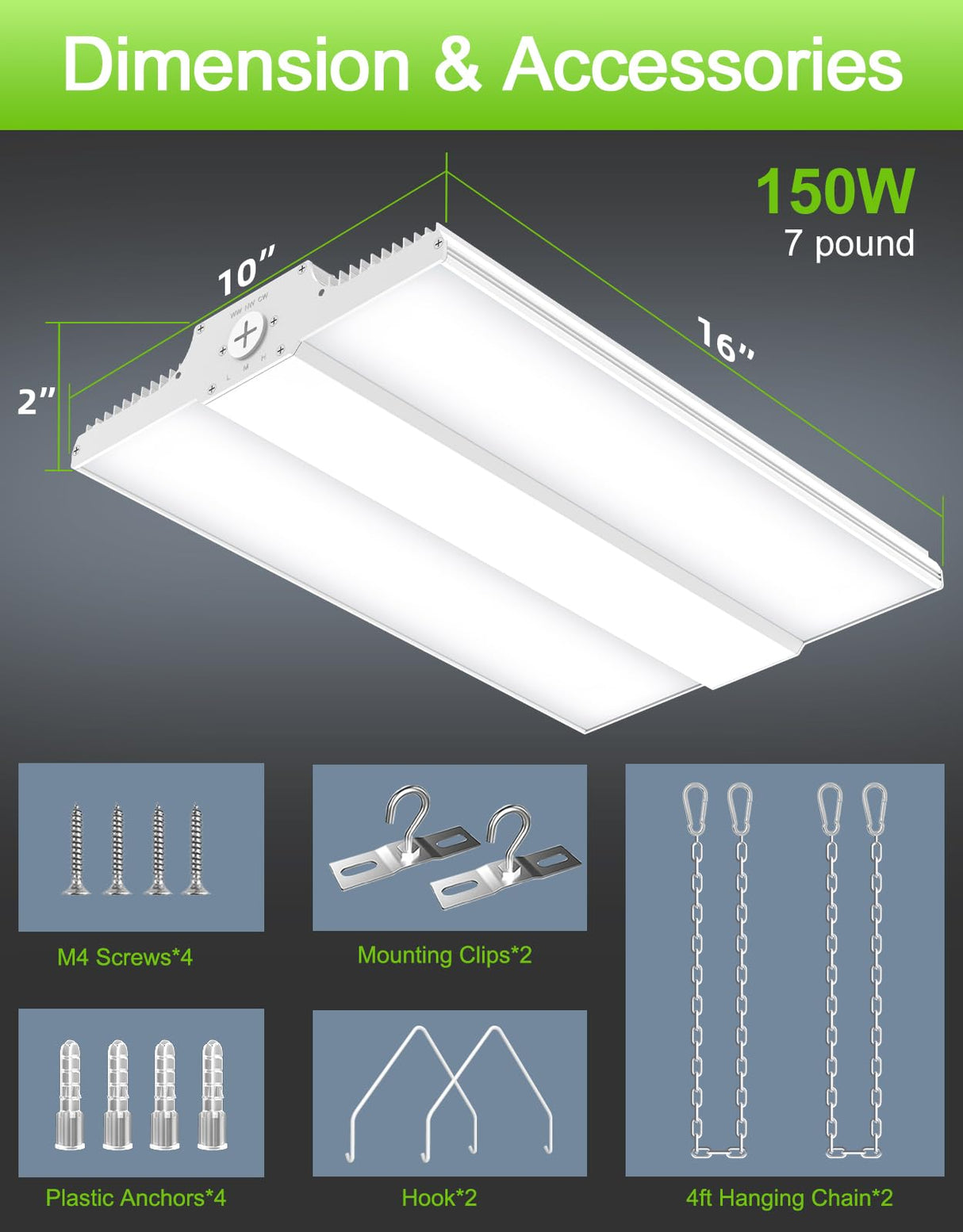 NGTLIGHT LED Linear High Bay Light - LHB Series, 150W-400W, Selectable Wattage&CCT, 100-277V