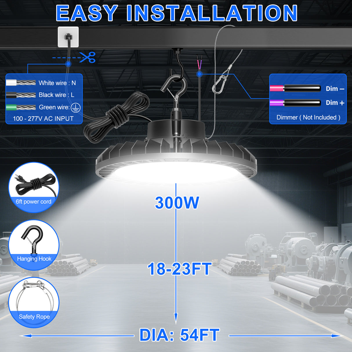 NGTLIGHT LED High Bay Light - UFO05 Series,300W,45000lumens,Selectable Wattage,5000K,100-277V,DIMMABLE