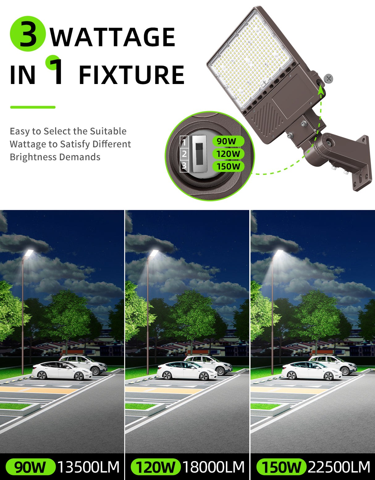 LED Parking Lot Light - PL Series With Slip Fit Mount,150W,22500lumens,Selectable Wattage,5000K,277-480V,Built in Photocell