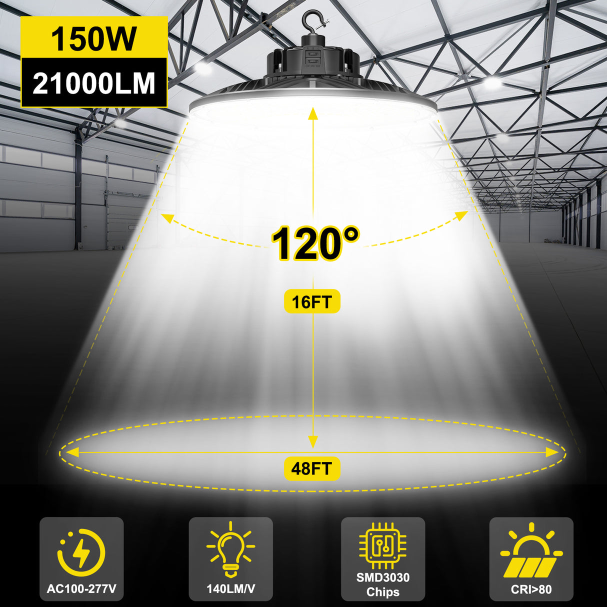 LED High Bay Light - PRO Series,150W,22500lumens,Selectable Wattage & CCT,100-277V,0-10V DIMMABLE