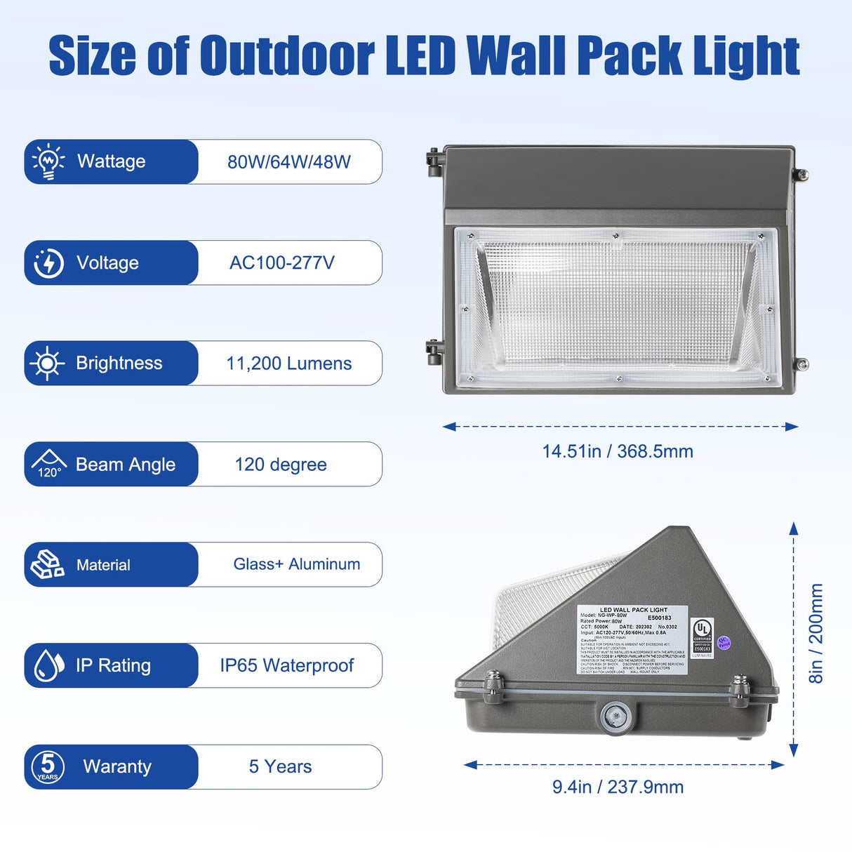 LED Wall Pack Light- WP Series,80W,11200lumens,Selectable Wattage & CCT,100-277V