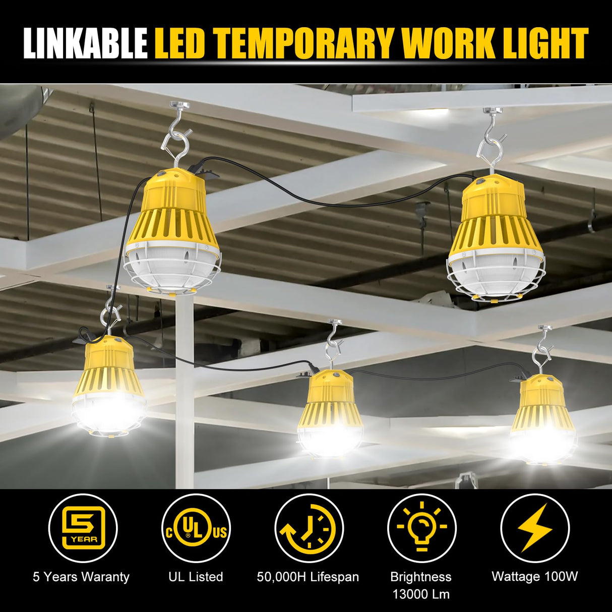 LED Temporary Work Light - LTW Series,100W,13000lumens,Selectable Wattage&CCT,5000K,100-277V,US PLUG
