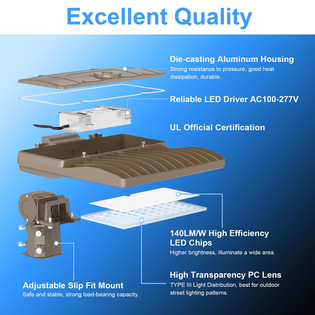 LED Parking Lot Light - SB Series,240W,33600lumens,Selectable Wattage,5000K,100-277V,Built in Photocell,No Bracket