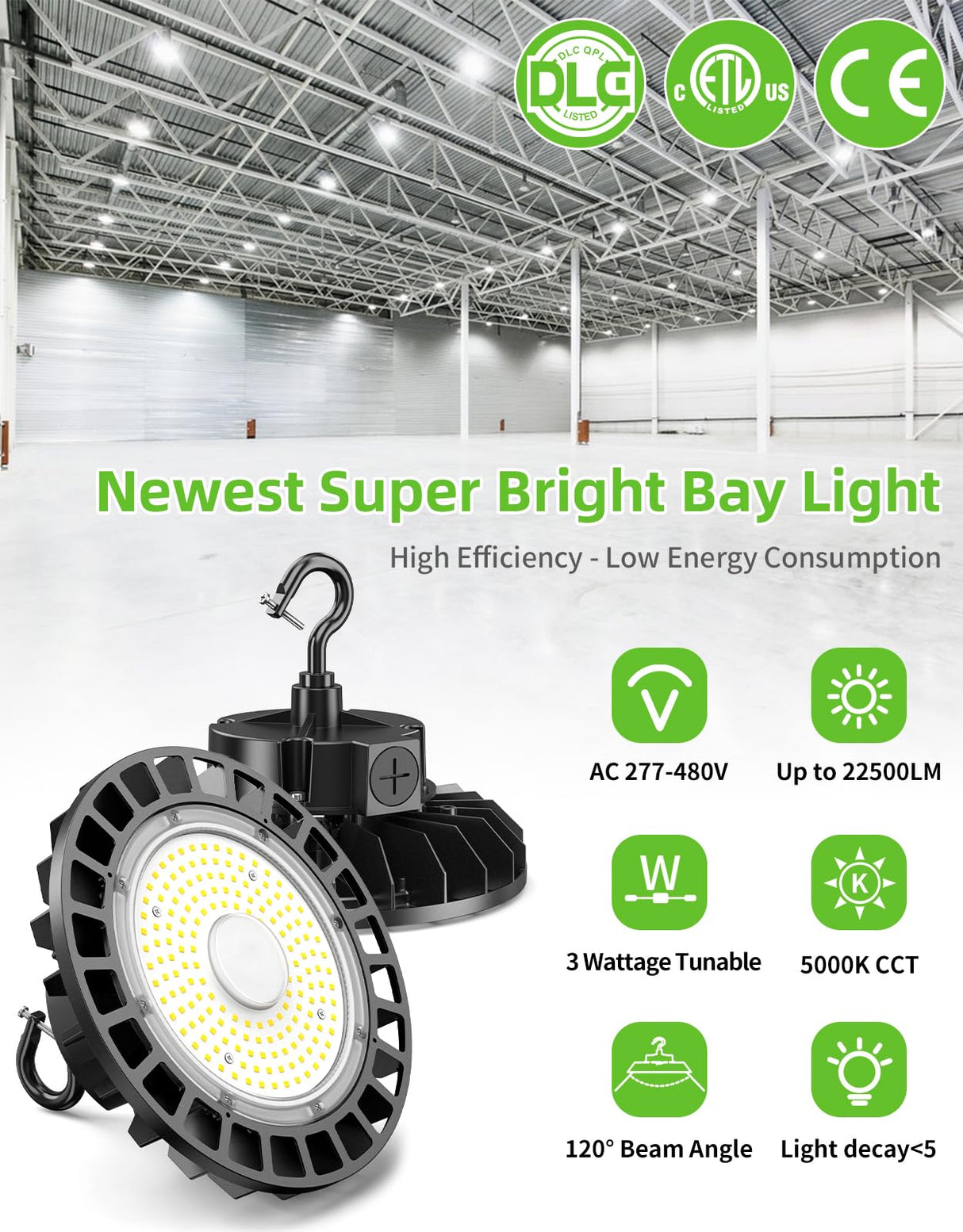 NGTLIGHT LED High Bay Light - UFO05 Series,150W,22500lumens,Selectable Wattage,5000K,277-480V