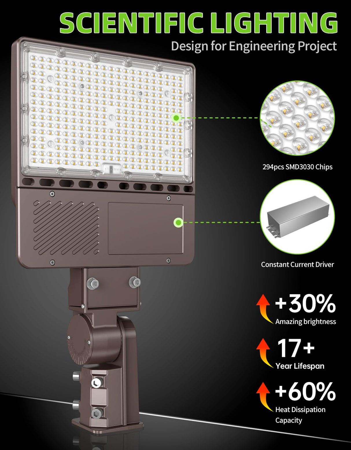 LED Parking Lot Light - PL Series With Slip Fit Mount,150W,22500lumens,Selectable Wattage,5000K,277-480V,Built in Photocell