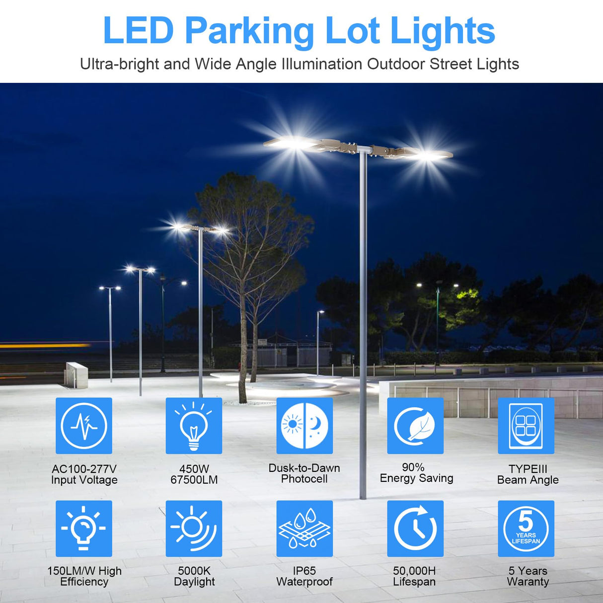 LED Parking Lot Light - SB Series With Slip Fit Mount,450W,67500lumens,,5000K,100-277V,Built in Photocell