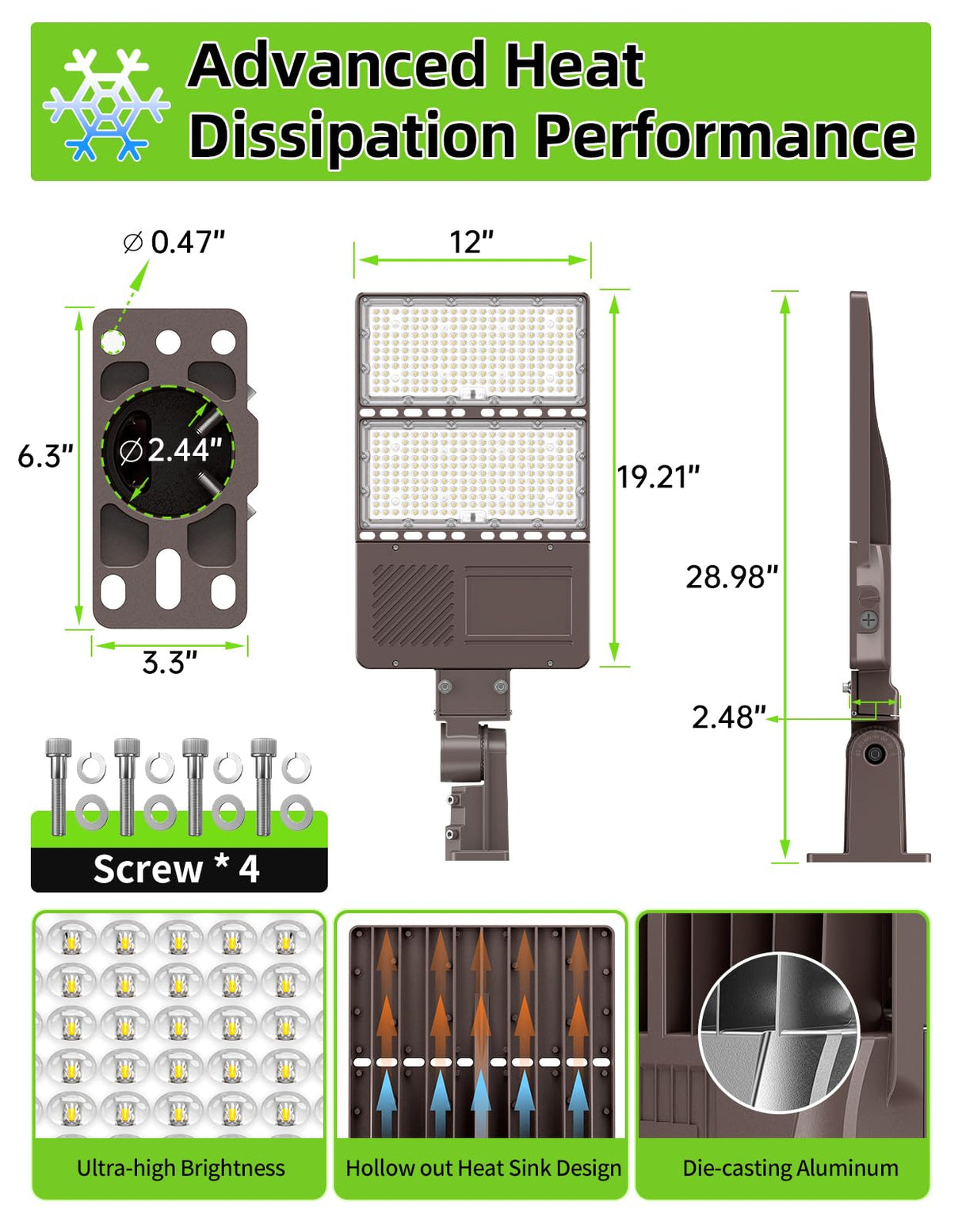 NGTLIGHT LED Parking Lot Light - PL Series ,240W,36000lumens,Selectable Wattage,5000K,277-480V,Built in Photocell,Universal Mount