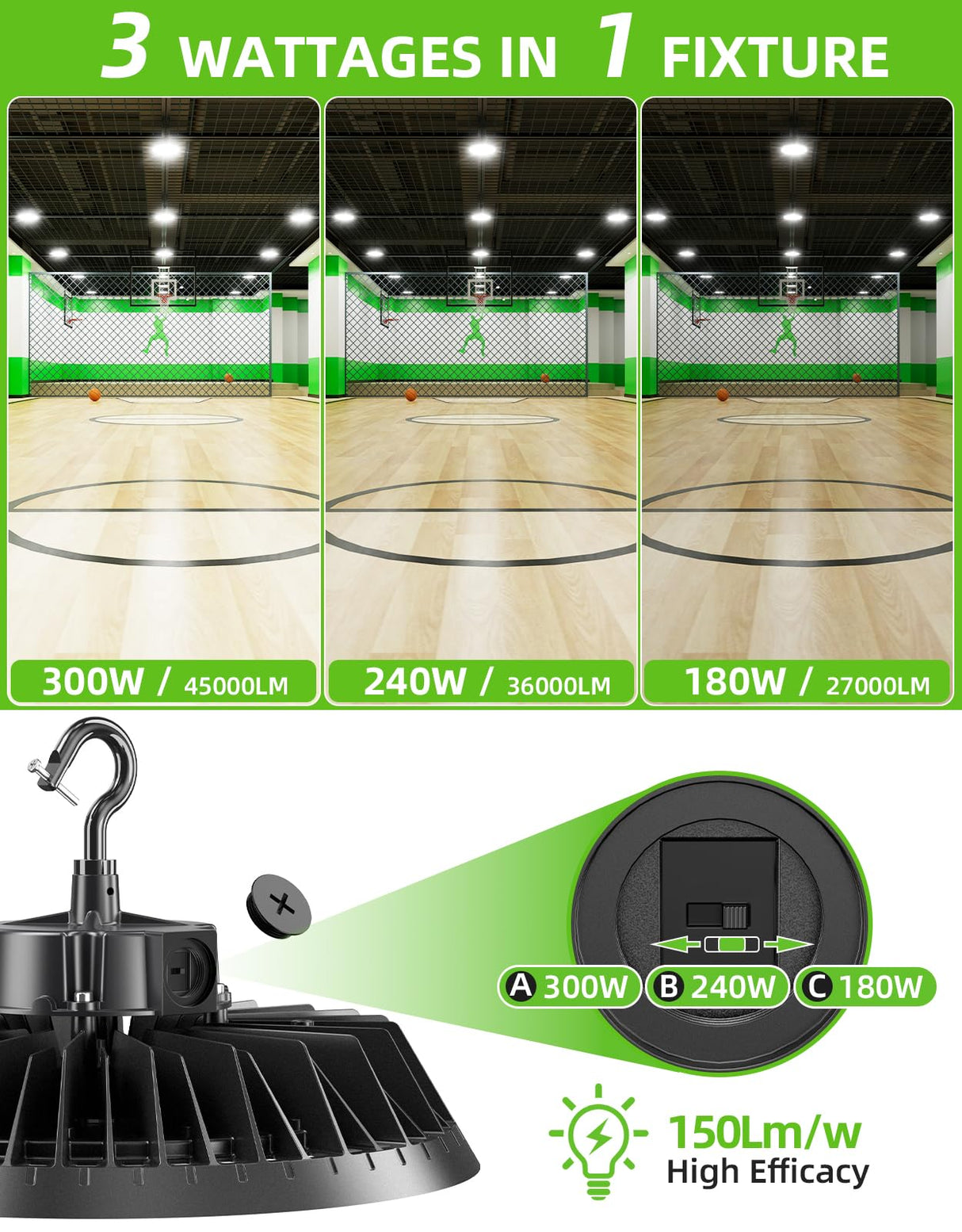 LED High Bay Light - UFO02 Series,300W,45000lumens,Selectable Wattage,5000K,277-480V