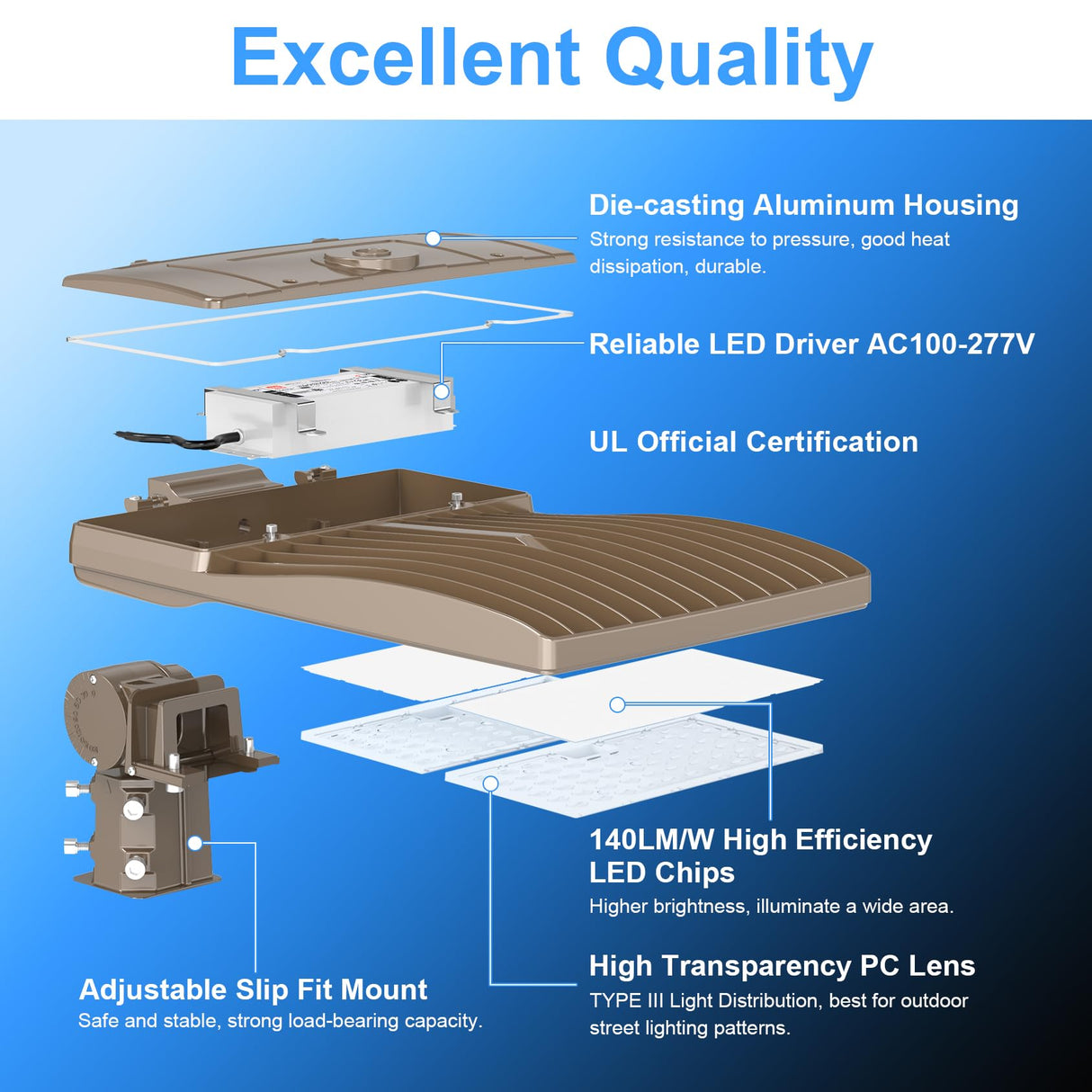 LED Parking Lot Light - SB Series With Slip Fit Mount,450W,67500lumens,,5000K,100-277V,Built in Photocell
