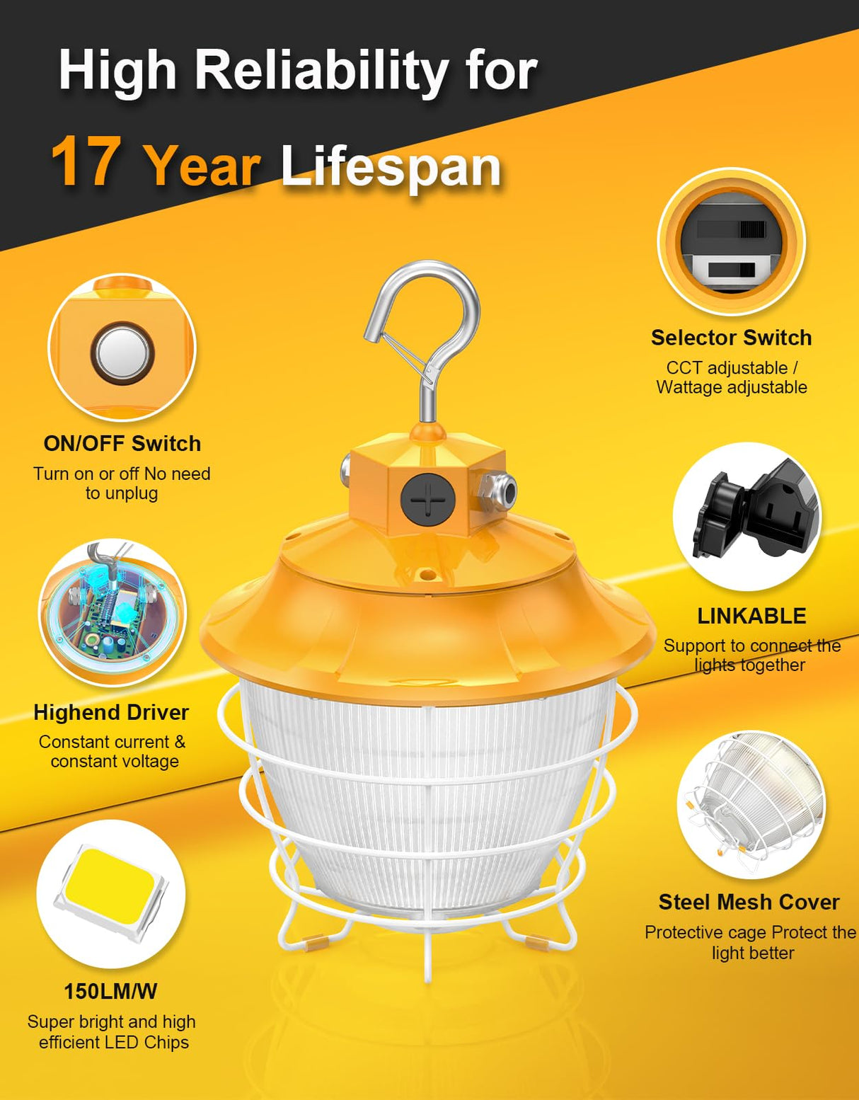 LED Temporary Work Light- PTL Series,100W,15000lumens,Selectable Wattage& CCT,AC120V,ON/Off Button