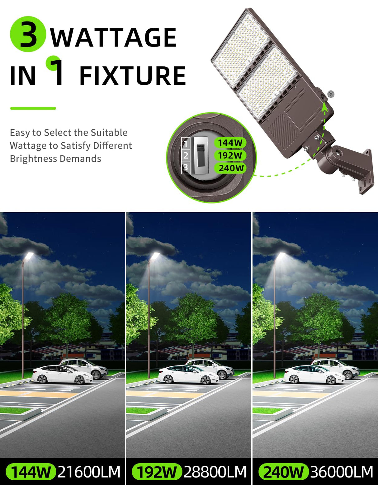 NGTLIGHT LED Parking Lot Light - PL Series ,240W,36000lumens,Selectable Wattage,5000K,277-480V,Built in Photocell,Universal Mount