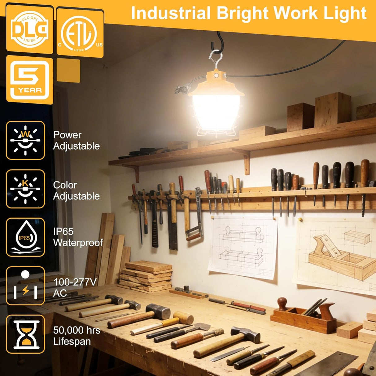 LED Temporary Work Light- PTL Series,100W,15000lumens,Selectable Wattage& CCT,100-277V,US PLUG