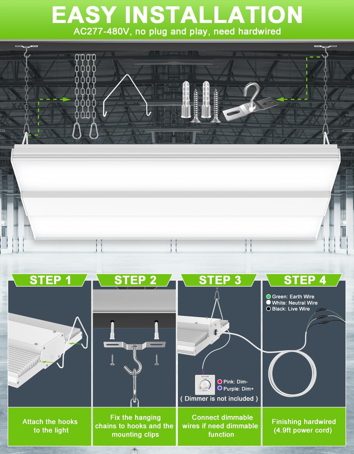 LED Linear High Bay Light - LHB Series,150W,22500lumens,5000K,277-480V