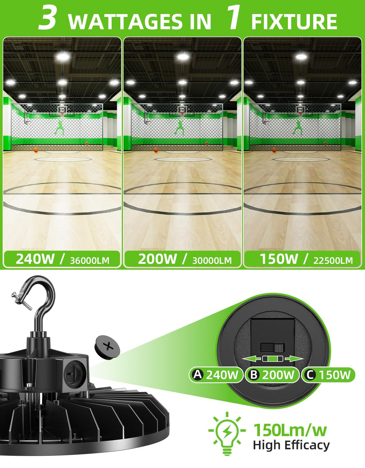 LED High Bay Light - UFO05 Series,240W,36000lumens,Selectable Wattage,5000K,277-480V