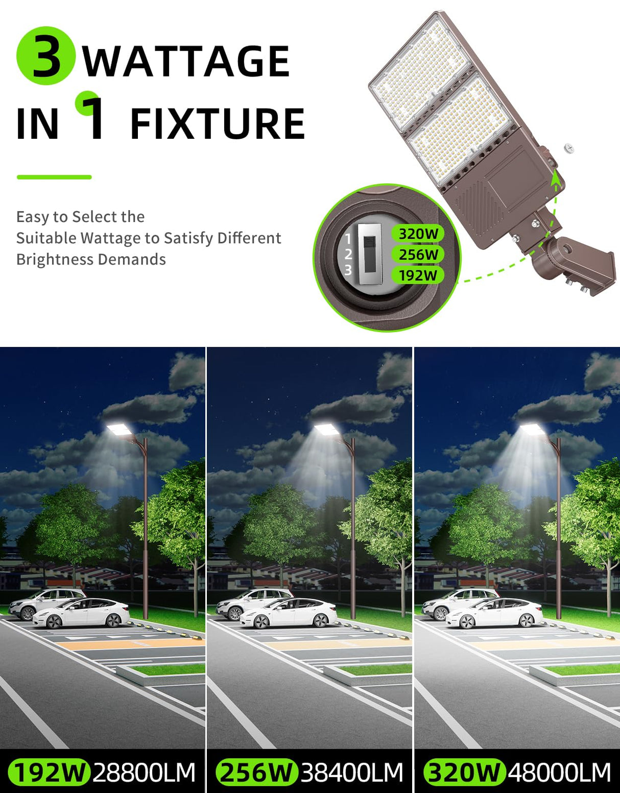 LED Parking Lot Light - PL Series With Slip Fit Mount,320W,48000lumens,Selectable Wattage,100-277V,Built in Photocell