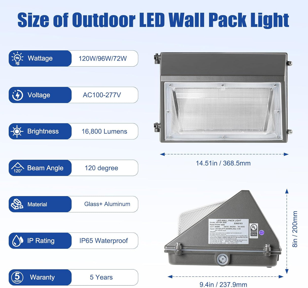 LED Wall Pack Light- WP Series,120W,16800lumens,Selectable Wattage & CCT,100-277V